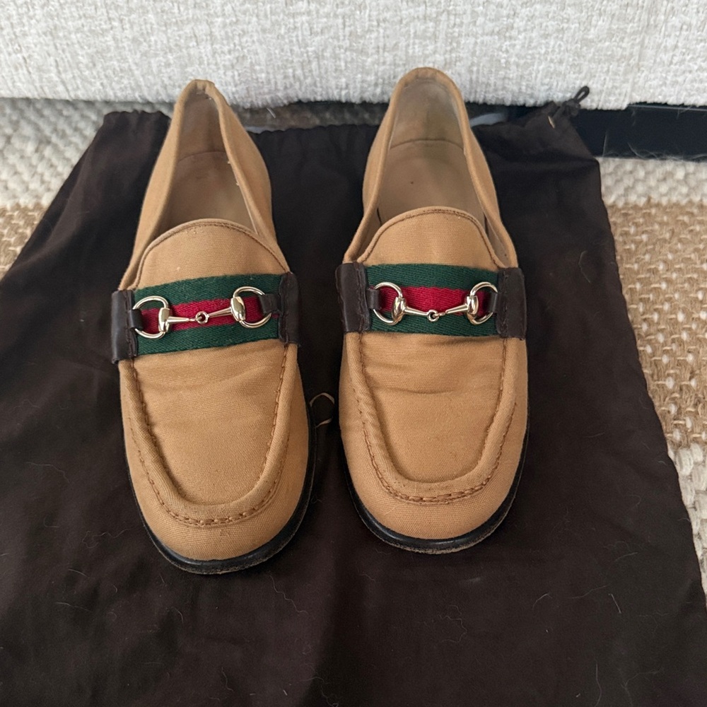 Gucci Beige Suede Loafers with Green & Red Web and Gold Horsebit